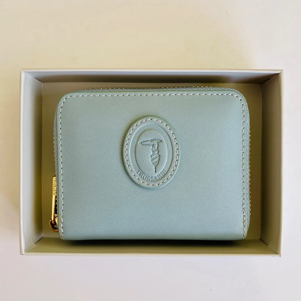 Trussardi Greyhound Logo Light Blue Leather Compact Zip Wallet with Box - Picture 4 of 15